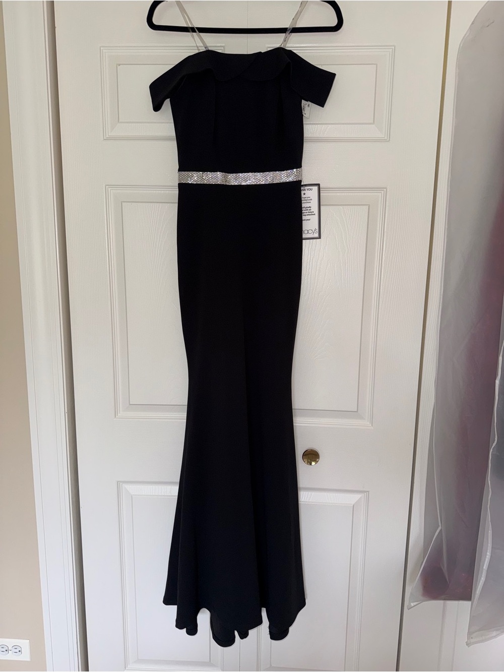 Crystal Doll Black One-Shoulder Evening Gown with Silver Waistband